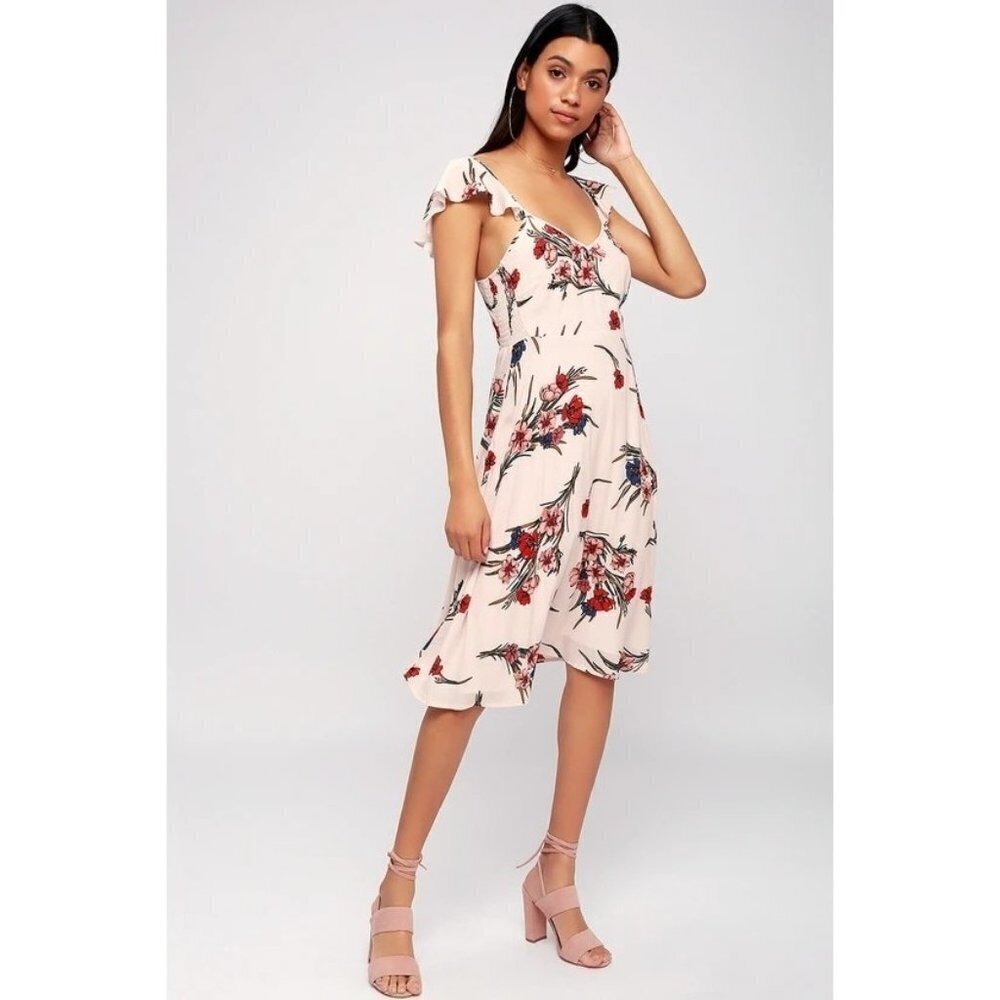 Lulus Floral Flutter Sleeve‎ Midi Dress Women XL Pink Flowy Romantic Boho